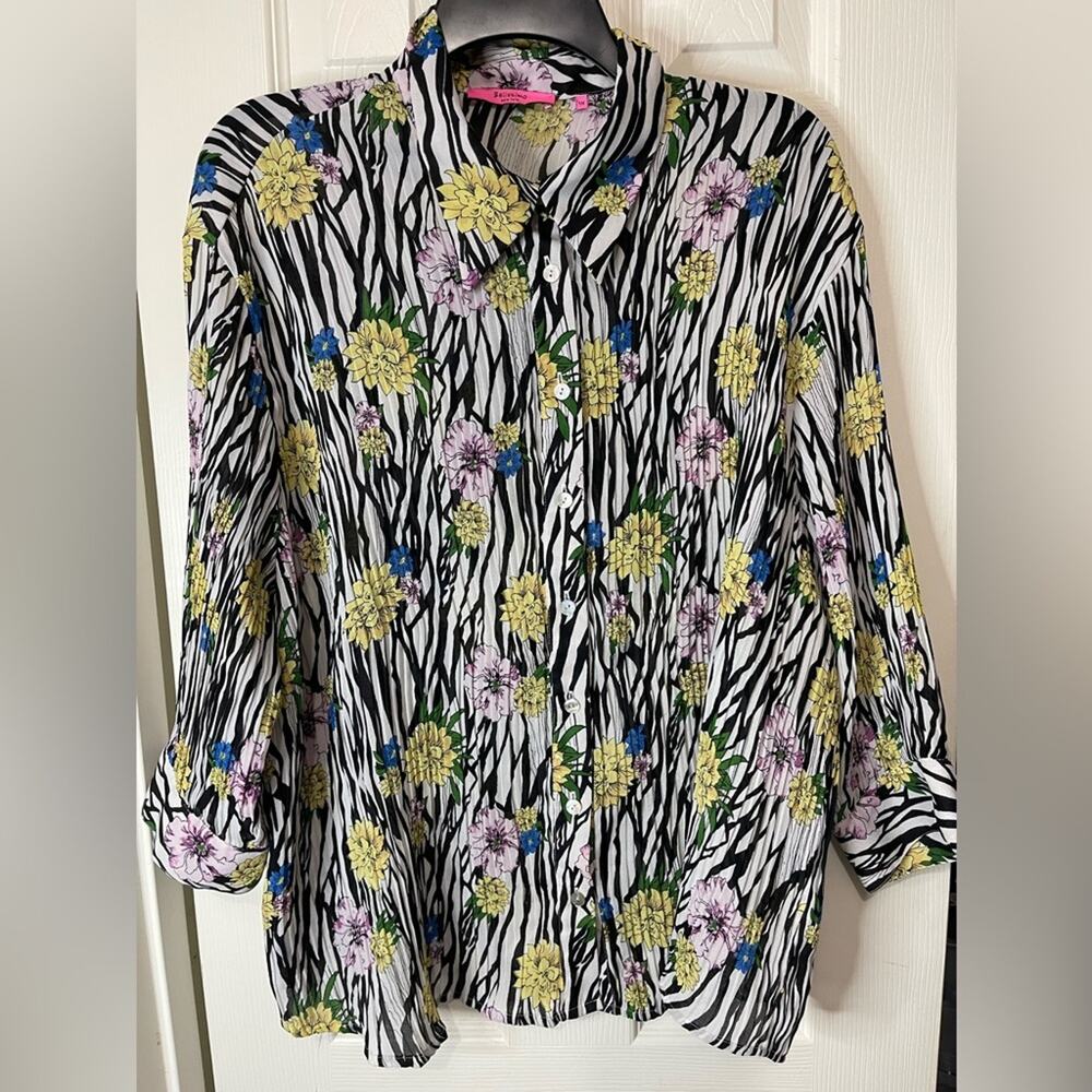 Belissimo Floral Crinkle Semi Sheer Multi Color Button Down Artsy Blouse 1X